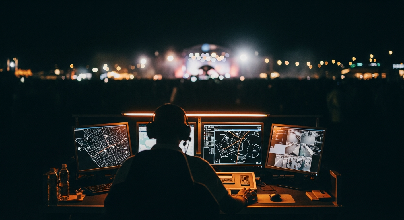 Operator met headset bewaakt schermen met kaartbeelden vanaf een regiepost tijdens een avondfestival